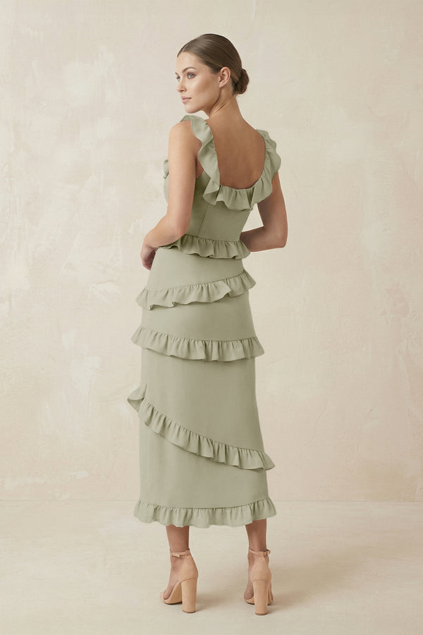 Square Neck Ruffled Sheath Satin Midi Bridesmaid Dress in Frost - KissProm Bridesmaid Dresses
