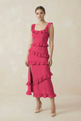 Square Neck Ruffled Sheath Satin Midi Bridesmaid Dress in Fuchsia - KissProm Bridesmaid Dresses