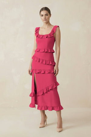Square Neck Ruffled Sheath Satin Midi Bridesmaid Dress in Fuchsia - KissProm Bridesmaid Dresses