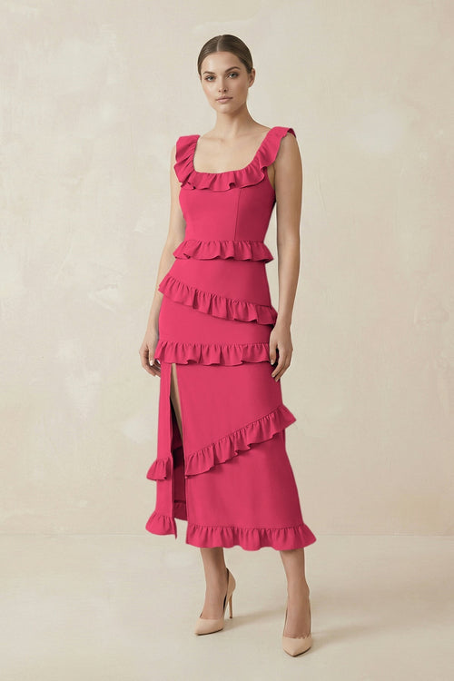 Square Neck Ruffled Sheath Satin Midi Bridesmaid Dress in Fuchsia - KissProm Bridesmaid Dresses
