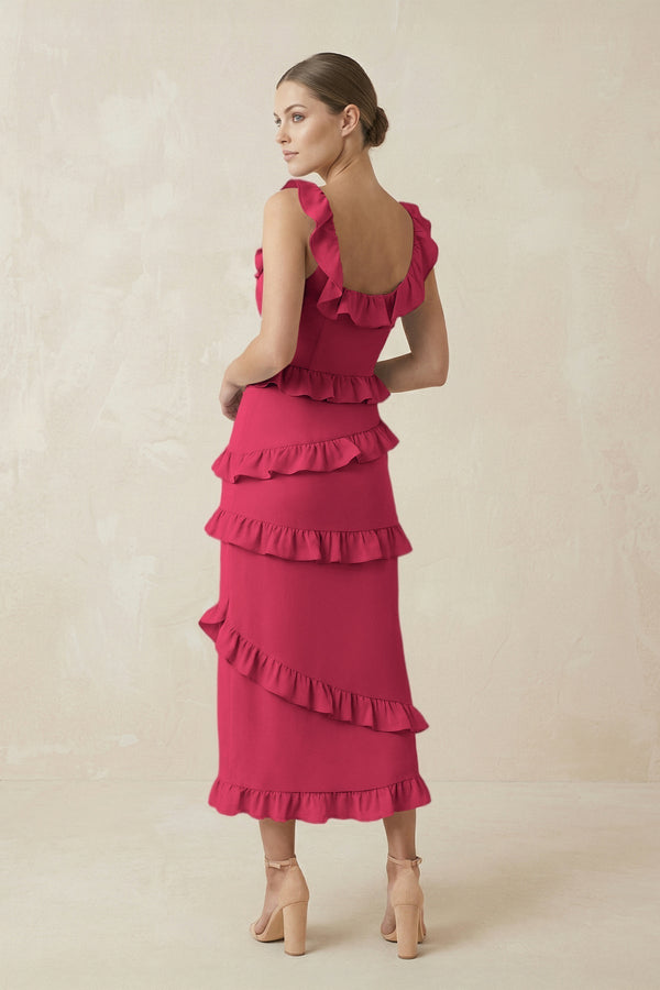 Square Neck Ruffled Sheath Satin Midi Bridesmaid Dress in Fuchsia - KissProm Bridesmaid Dresses
