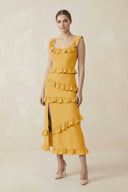 Square Neck Ruffled Sheath Satin Midi Bridesmaid Dress in Gold - KissProm Bridesmaid Dresses