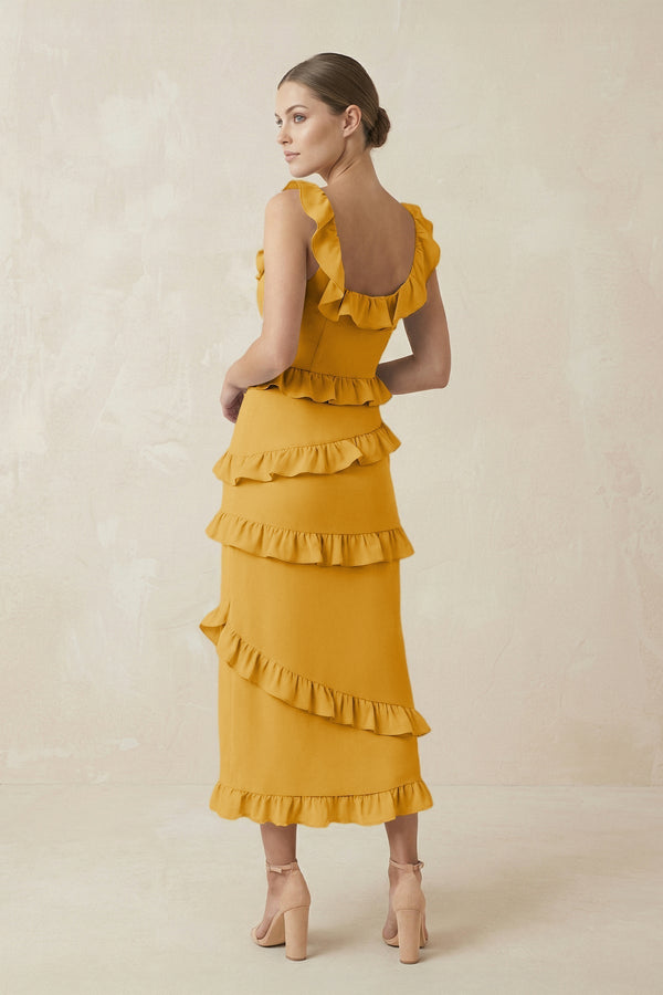 Square Neck Ruffled Sheath Satin Midi Bridesmaid Dress in Gold - KissProm Bridesmaid Dresses