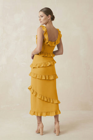 Square Neck Ruffled Sheath Satin Midi Bridesmaid Dress in Gold - KissProm Bridesmaid Dresses