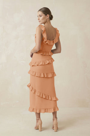 Square Neck Ruffled Sheath Satin Midi Bridesmaid Dress in Golden Champagne - KissProm Bridesmaid Dresses