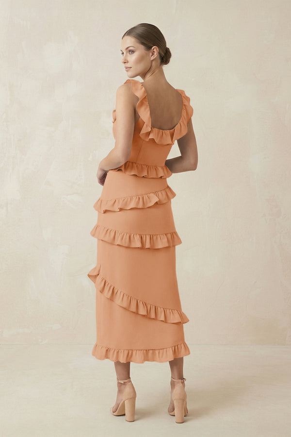 Square Neck Ruffled Sheath Satin Midi Bridesmaid Dress in Golden Champagne - KissProm Bridesmaid Dresses