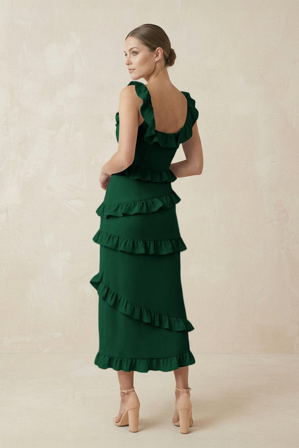 Square Neck Ruffled Sheath Satin Midi Bridesmaid Dress in Green - KissProm Bridesmaid Dresses
