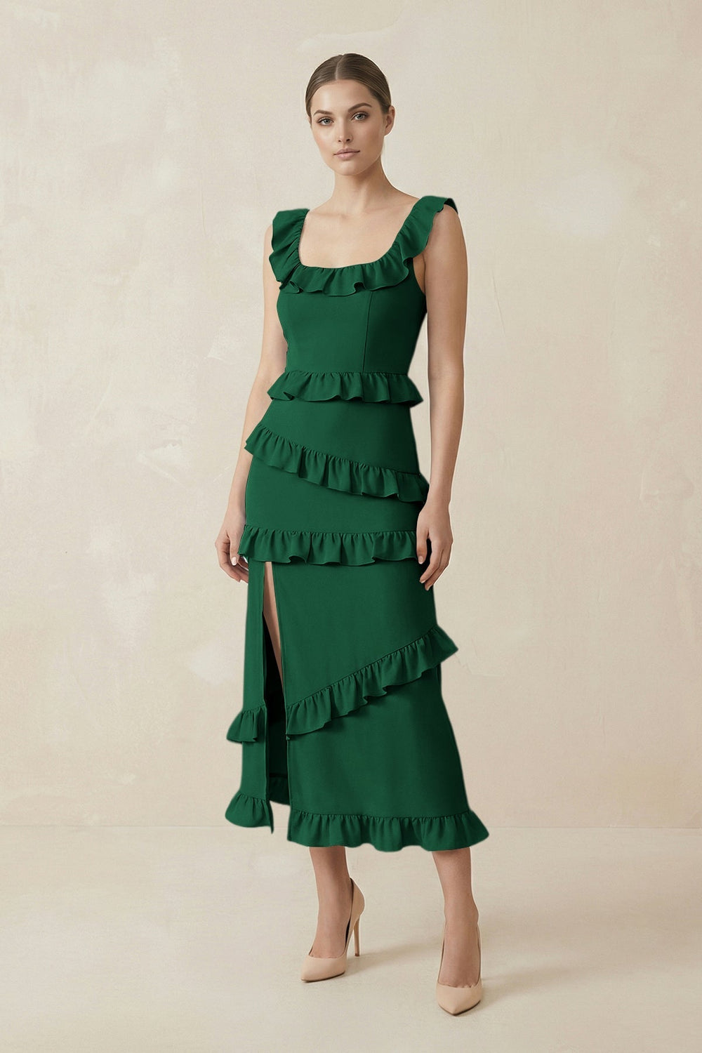 Square Neck Ruffled Sheath Satin Midi Bridesmaid Dress in Green - KissProm Bridesmaid Dresses