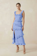 Square Neck Ruffled Sheath Satin Midi Bridesmaid Dress in Ice - KissProm Bridesmaid Dresses