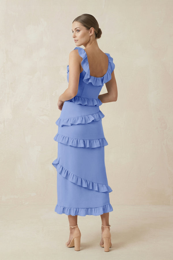 Square Neck Ruffled Sheath Satin Midi Bridesmaid Dress in Ice - KissProm Bridesmaid Dresses