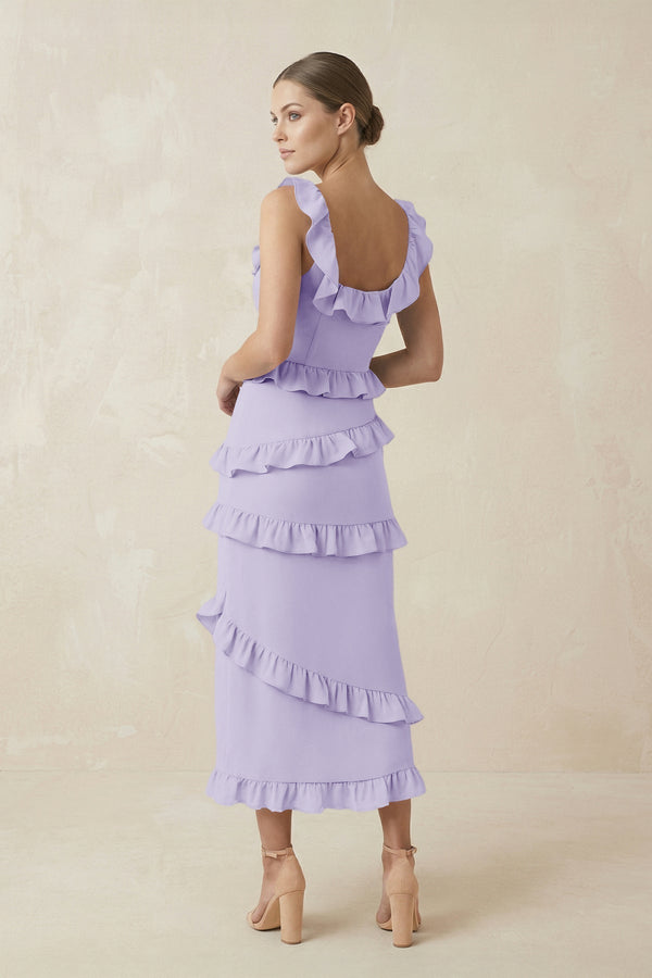Square Neck Ruffled Sheath Satin Midi Bridesmaid Dress in Lavender - KissProm Bridesmaid Dresses