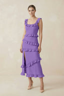 Square Neck Ruffled Sheath Satin Midi Bridesmaid Dress in Lilac - KissProm Bridesmaid Dresses