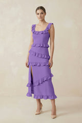 Square Neck Ruffled Sheath Satin Midi Bridesmaid Dress in Lilac - KissProm Bridesmaid Dresses