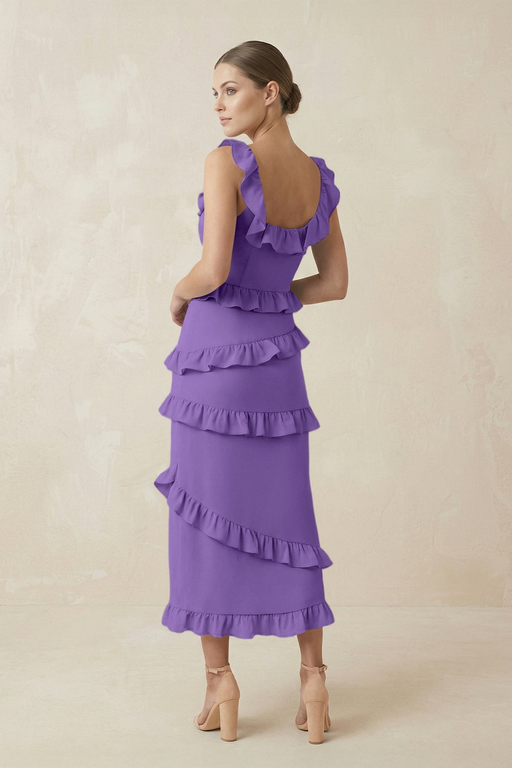 Square Neck Ruffled Sheath Satin Midi Bridesmaid Dress in Lilac - KissProm Bridesmaid Dresses