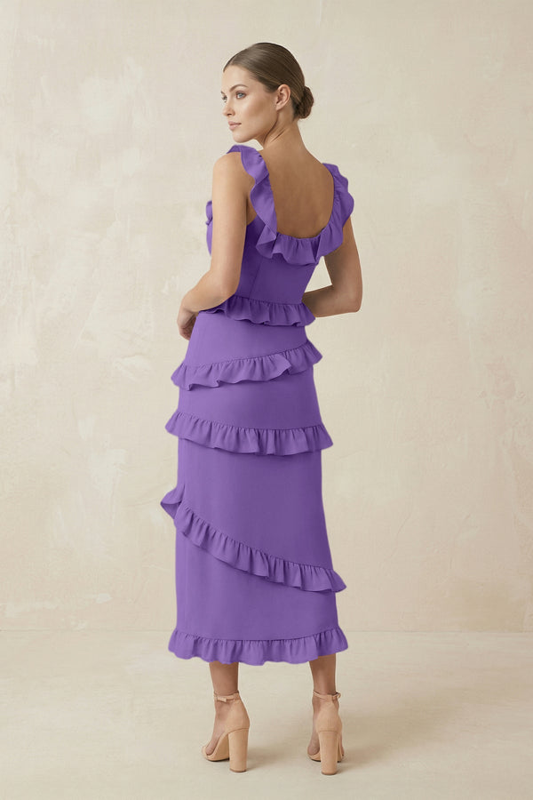 Square Neck Ruffled Sheath Satin Midi Bridesmaid Dress in Lilac - KissProm Bridesmaid Dresses