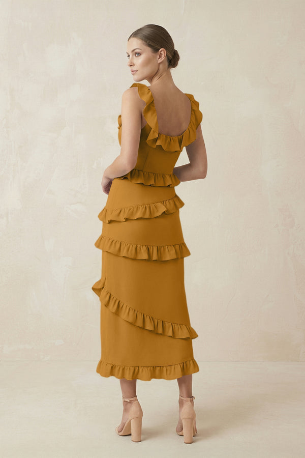 Square Neck Ruffled Sheath Satin Midi Bridesmaid Dress in Marigold - KissProm Bridesmaid Dresses