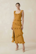 Square Neck Ruffled Sheath Satin Midi Bridesmaid Dress in Marigold - KissProm Bridesmaid Dresses