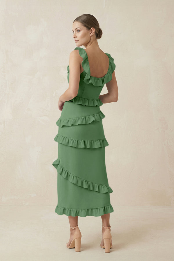 Square Neck Ruffled Sheath Satin Midi Bridesmaid Dress in Matcha - KissProm Bridesmaid Dresses