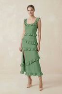 Square Neck Ruffled Sheath Satin Midi Bridesmaid Dress in Matcha - KissProm Bridesmaid Dresses