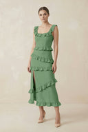 Square Neck Ruffled Sheath Satin Midi Bridesmaid Dress in Matcha - KissProm Bridesmaid Dresses