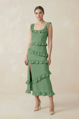 Square Neck Ruffled Sheath Satin Midi Bridesmaid Dress in Matcha - KissProm Bridesmaid Dresses