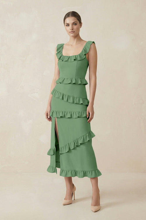 Square Neck Ruffled Sheath Satin Midi Bridesmaid Dress in Matcha - KissProm Bridesmaid Dresses