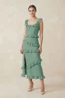 Square Neck Ruffled Sheath Satin Midi Bridesmaid Dress in Mint Green - KissProm Bridesmaid Dresses