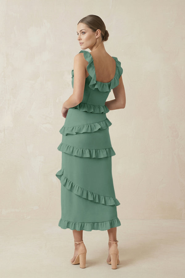 Square Neck Ruffled Sheath Satin Midi Bridesmaid Dress in Mint Green - KissProm Bridesmaid Dresses