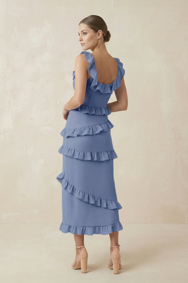Square Neck Ruffled Sheath Satin Midi Bridesmaid Dress in Mist - KissProm Bridesmaid Dresses
