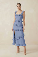 Square Neck Ruffled Sheath Satin Midi Bridesmaid Dress in Mist - KissProm Bridesmaid Dresses