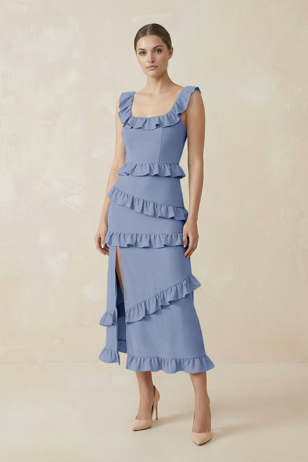 Square Neck Ruffled Sheath Satin Midi Bridesmaid Dress in Mist - KissProm Bridesmaid Dresses