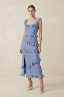 Square Neck Ruffled Sheath Satin Midi Bridesmaid Dress in Mist - KissProm Bridesmaid Dresses