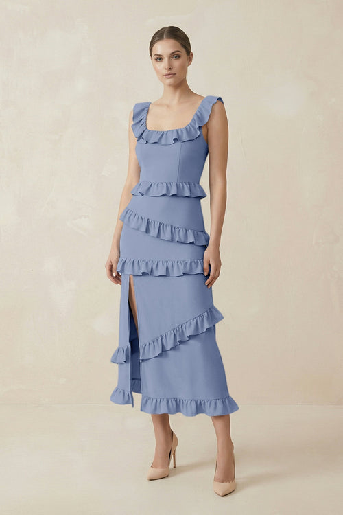 Square Neck Ruffled Sheath Satin Midi Bridesmaid Dress in Mist - KissProm Bridesmaid Dresses