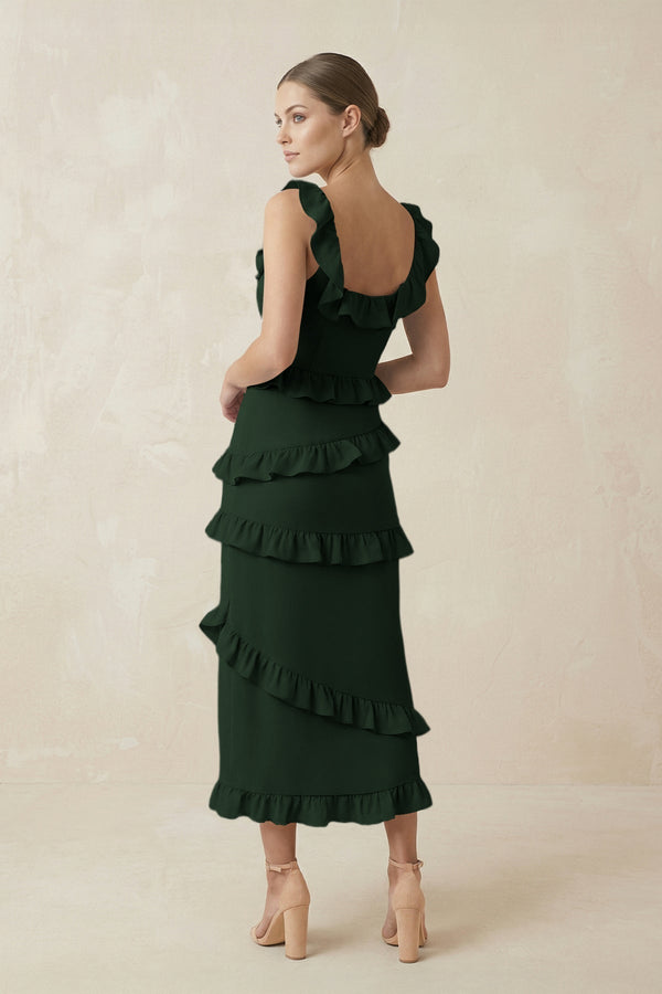 Square Neck Ruffled Sheath Satin Midi Bridesmaid Dress in Moss - KissProm Bridesmaid Dresses