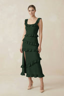 Square Neck Ruffled Sheath Satin Midi Bridesmaid Dress in Moss - KissProm Bridesmaid Dresses
