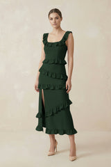 Square Neck Ruffled Sheath Satin Midi Bridesmaid Dress in Moss - KissProm Bridesmaid Dresses