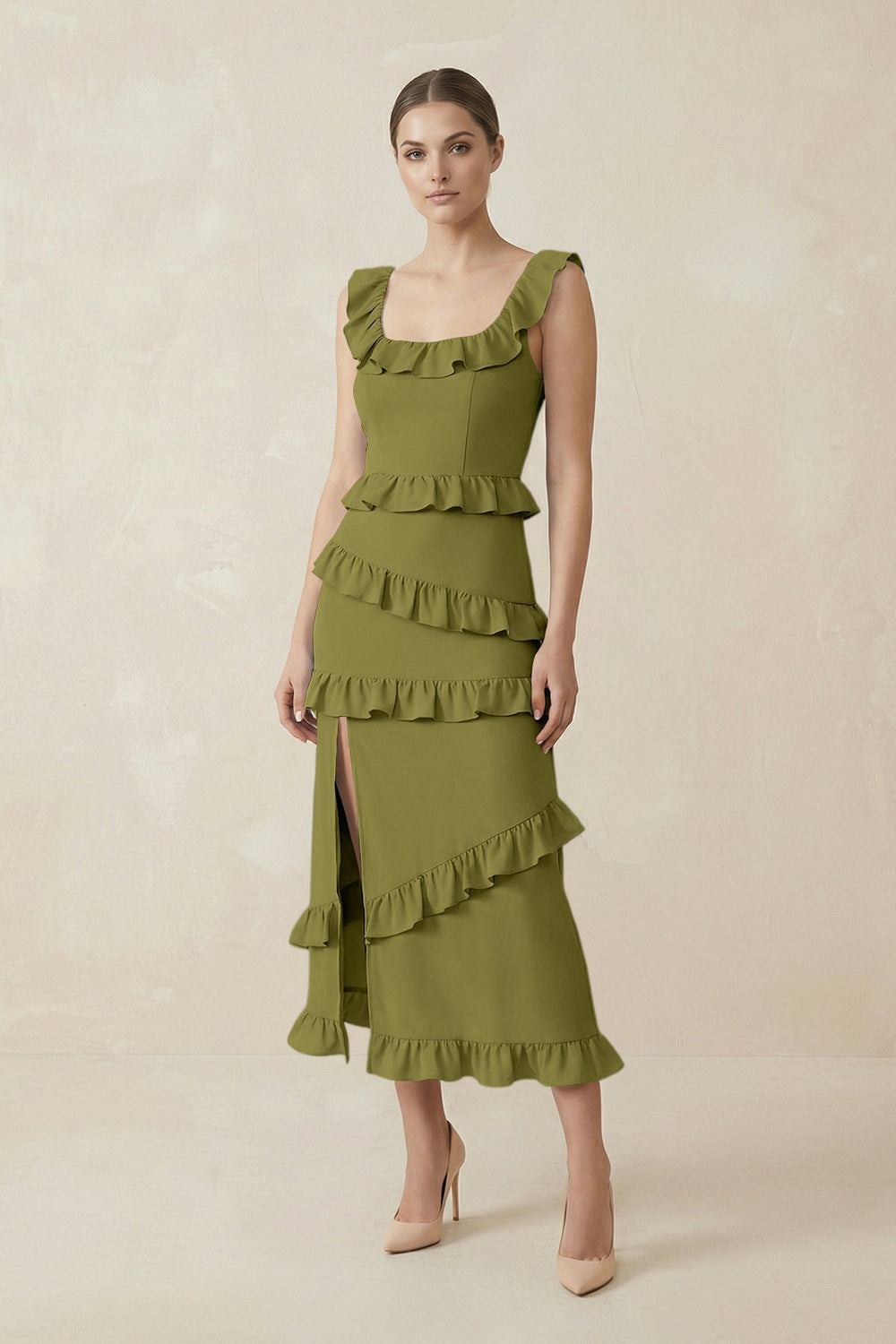 Square Neck Ruffled Sheath Satin Midi Bridesmaid Dress in Moss Green - KissProm Bridesmaid Dresses