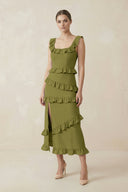 Square Neck Ruffled Sheath Satin Midi Bridesmaid Dress in Moss Green - KissProm Bridesmaid Dresses
