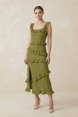 Square Neck Ruffled Sheath Satin Midi Bridesmaid Dress in Moss Green - KissProm Bridesmaid Dresses