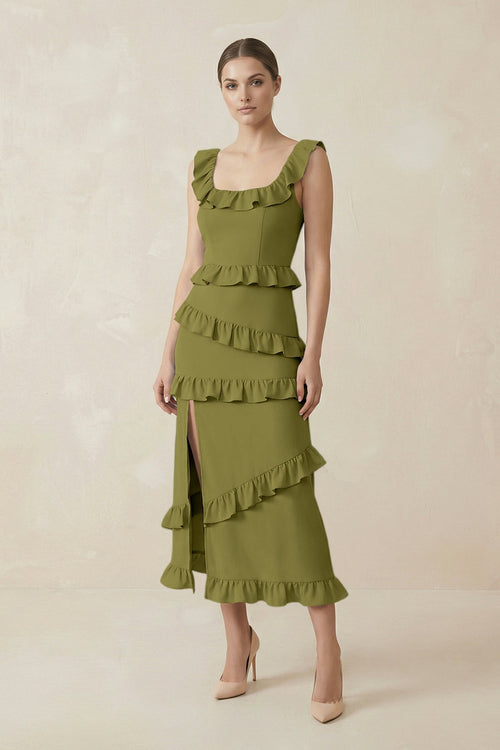 Square Neck Ruffled Sheath Satin Midi Bridesmaid Dress in Moss Green - KissProm Bridesmaid Dresses