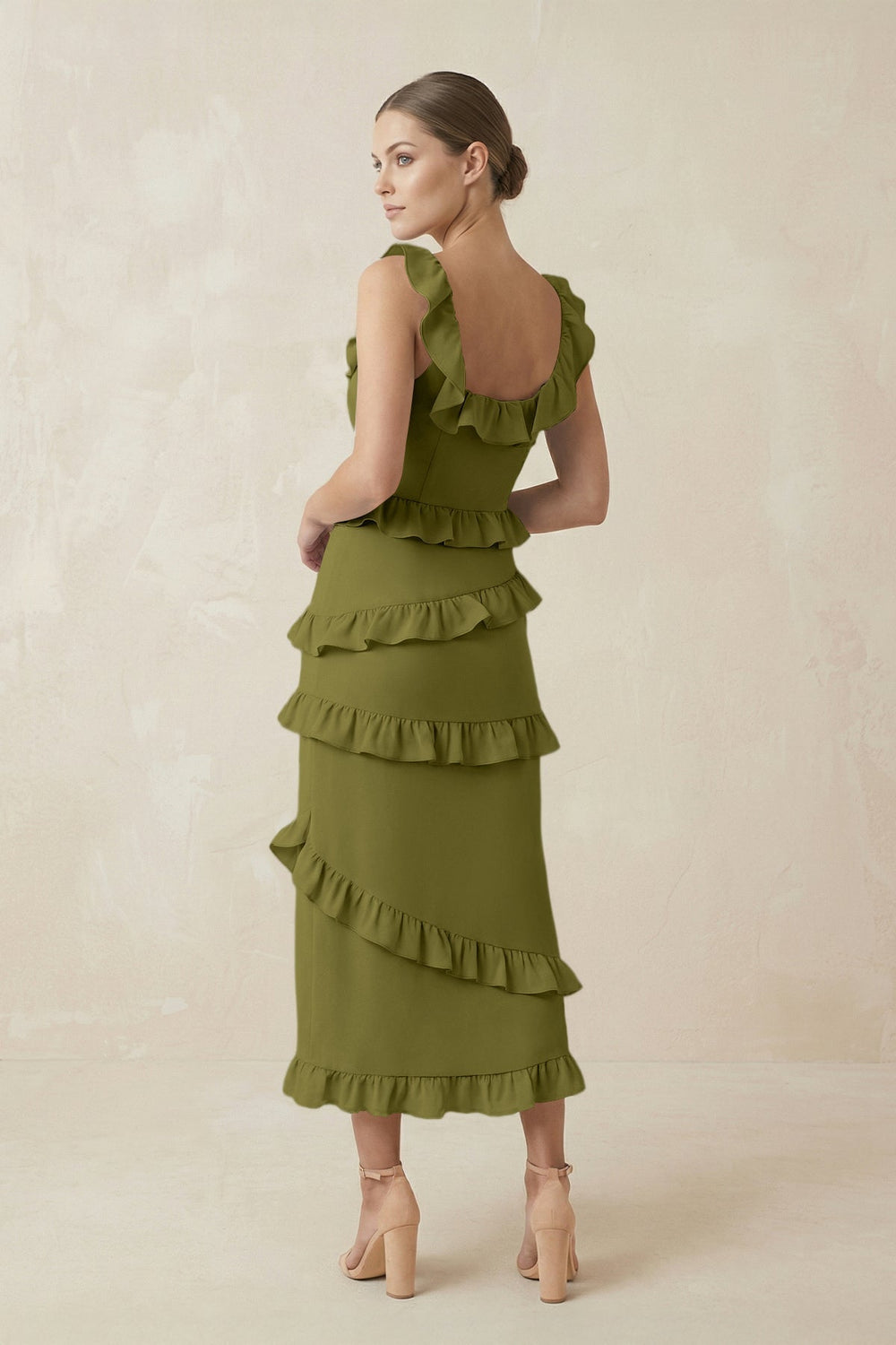 Square Neck Ruffled Sheath Satin Midi Bridesmaid Dress in Moss Green - KissProm Bridesmaid Dresses
