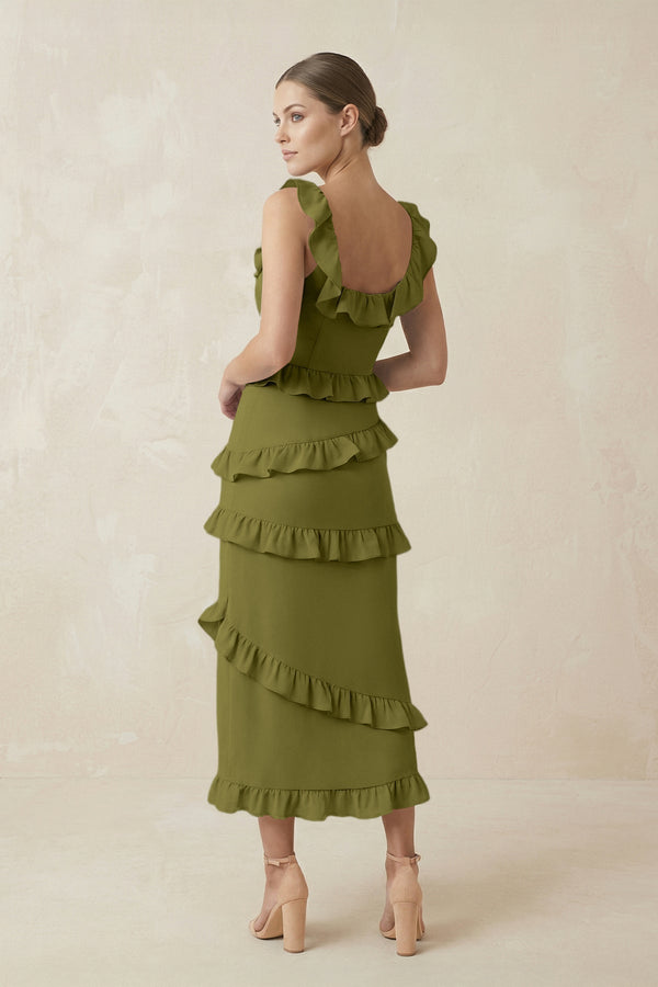Square Neck Ruffled Sheath Satin Midi Bridesmaid Dress in Moss Green - KissProm Bridesmaid Dresses