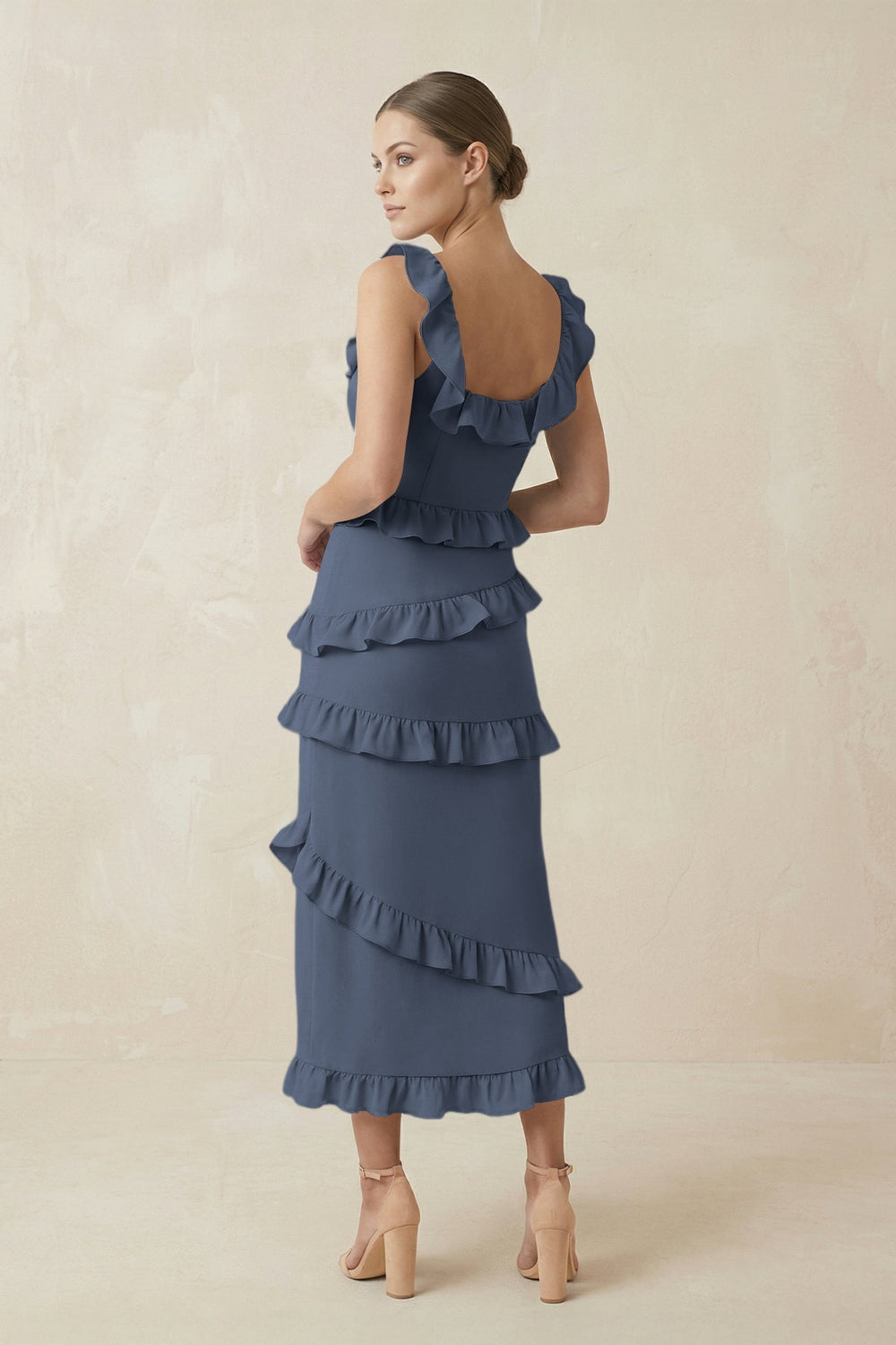 Square Neck Ruffled Sheath Satin Midi Bridesmaid Dress in Neptune - KissProm Bridesmaid Dresses