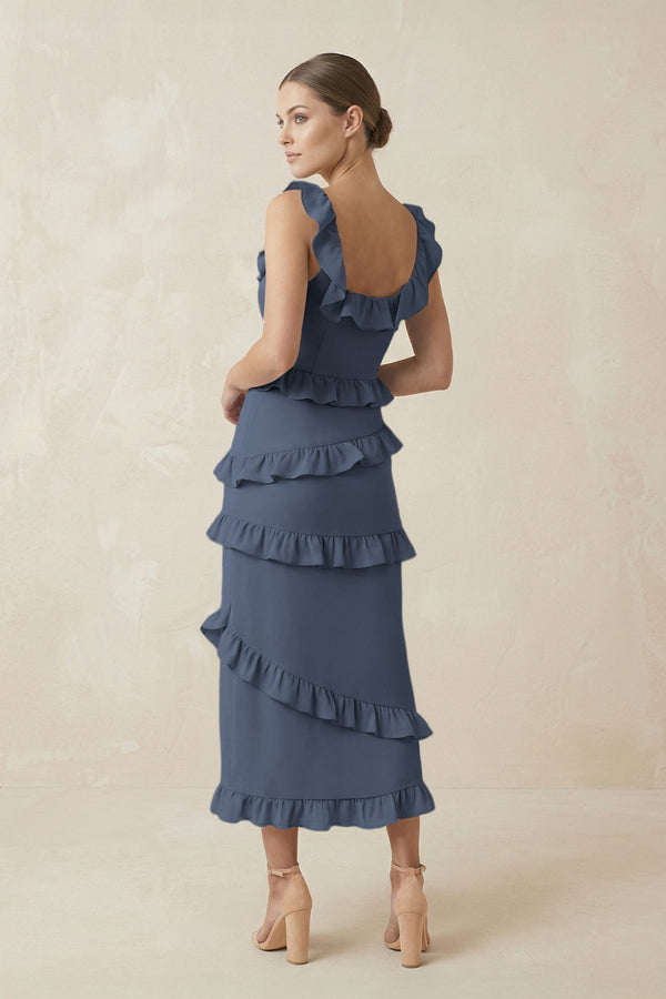 Square Neck Ruffled Sheath Satin Midi Bridesmaid Dress in Neptune - KissProm Bridesmaid Dresses