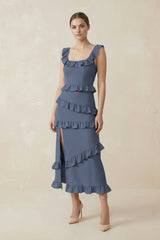 Square Neck Ruffled Sheath Satin Midi Bridesmaid Dress in Neptune - KissProm Bridesmaid Dresses