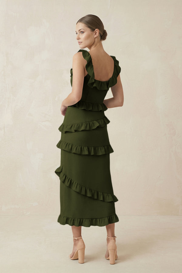 Square Neck Ruffled Sheath Satin Midi Bridesmaid Dress in Olive - KissProm Bridesmaid Dresses