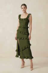 Square Neck Ruffled Sheath Satin Midi Bridesmaid Dress in Olive - KissProm Bridesmaid Dresses