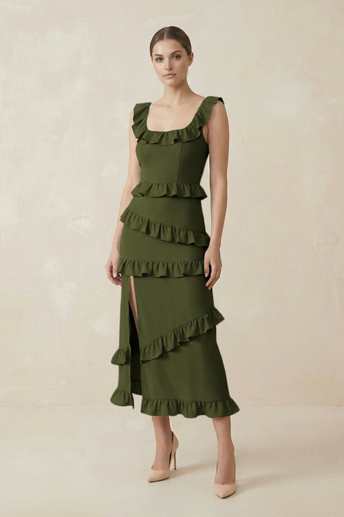 Square Neck Ruffled Sheath Satin Midi Bridesmaid Dress in Olive - KissProm Bridesmaid Dresses