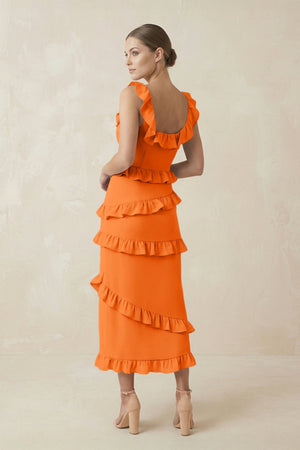 Square Neck Ruffled Sheath Satin Midi Bridesmaid Dress in Orange - KissProm Bridesmaid Dresses