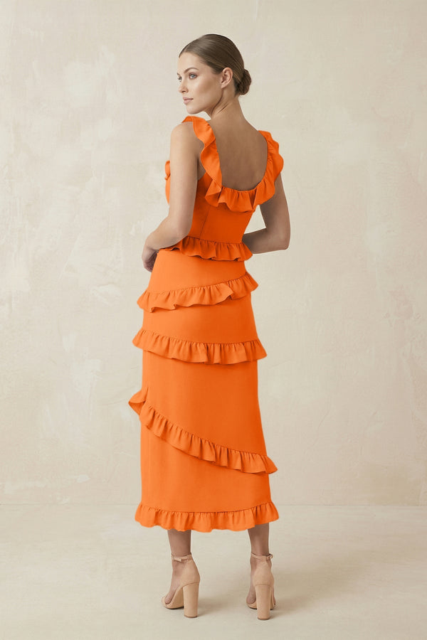 Square Neck Ruffled Sheath Satin Midi Bridesmaid Dress in Orange - KissProm Bridesmaid Dresses